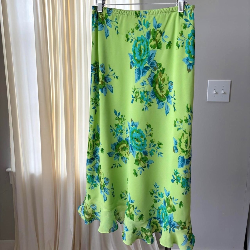 Vintage Sandra Darren Skirt Sz 8 Green Floral Maxi Y2K Whimsy Romantic Fairycore